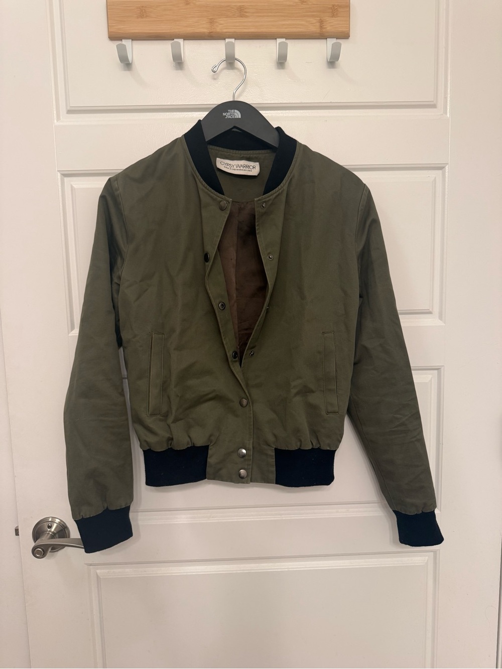 Gypsy Warrior Olive Green Bomber Jacket with Black Rib Trim